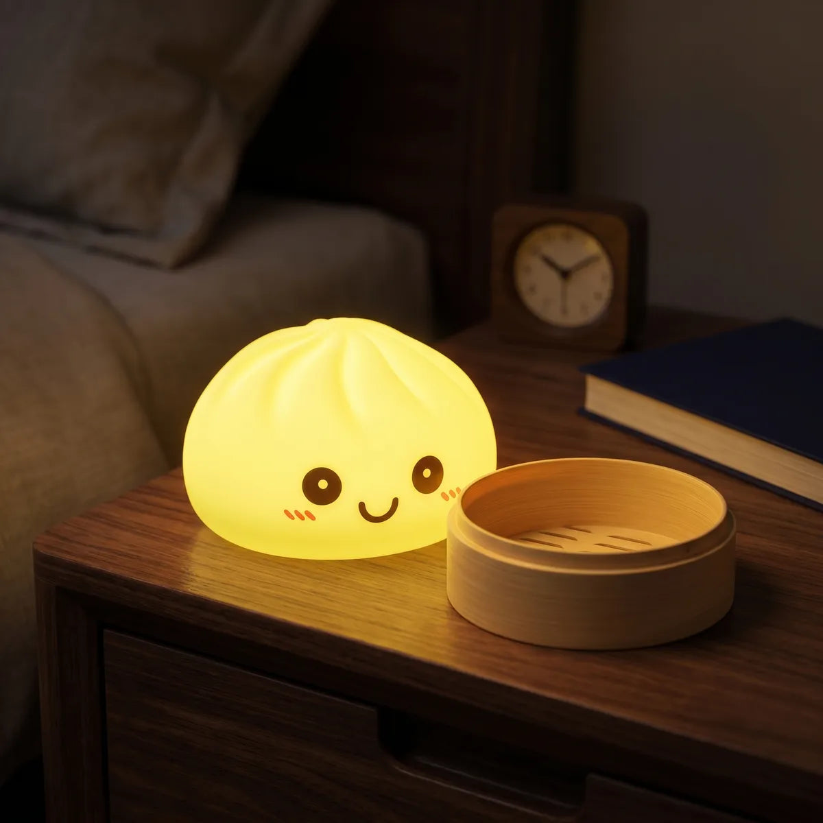 Yellow squishy dumpling light displayed with bamboo steamer