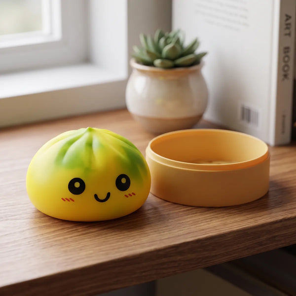 Yellow tie dye dumpling squishy styled on a desk in a bright citrus lifestyle scene