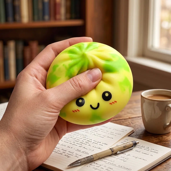 Person squeezing the yellow tie dye dumpling squishy as a stress relief toy