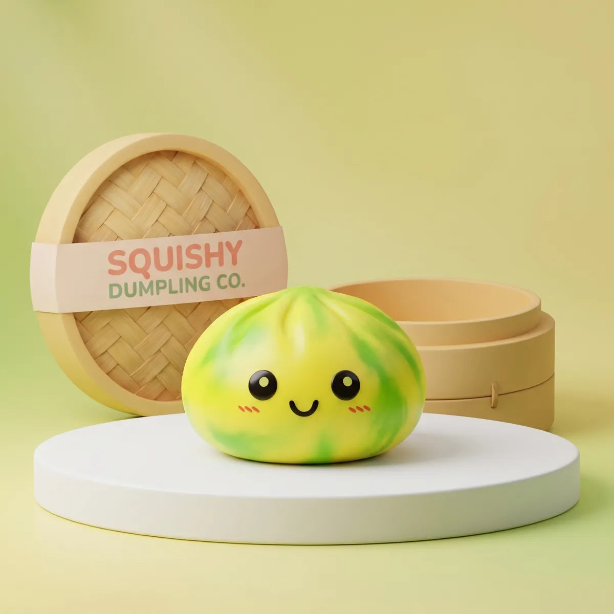 Yellow tie dye dumpling squishy with lemon and green marbling next to a mini bamboo steamer Main image