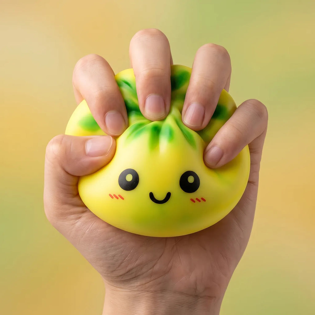 Yellow tie dye dumpling squishy squeezed to show its slow rebound and soft touch skin