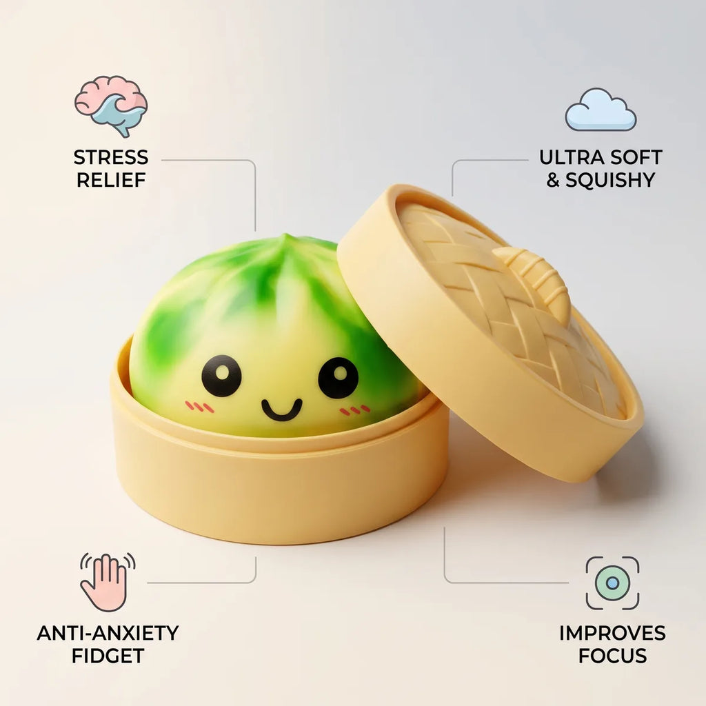 Yellow tie dye dumpling squishy shown with stress relief focus and fidget benefit icons