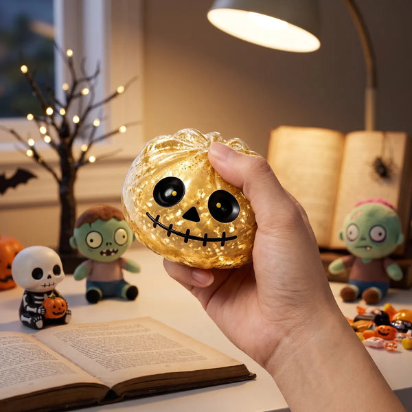 Person squeezing the zombie Halloween dumpling squishy as a stress relief fidget toy