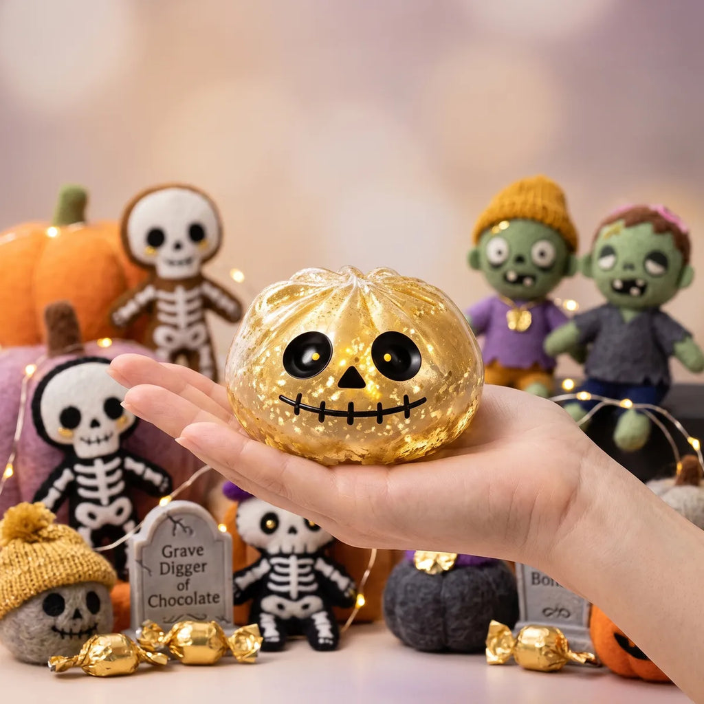 Hand holding the zombie Halloween dumpling squishy to compare the 5.5 cm and 10 cm sizes