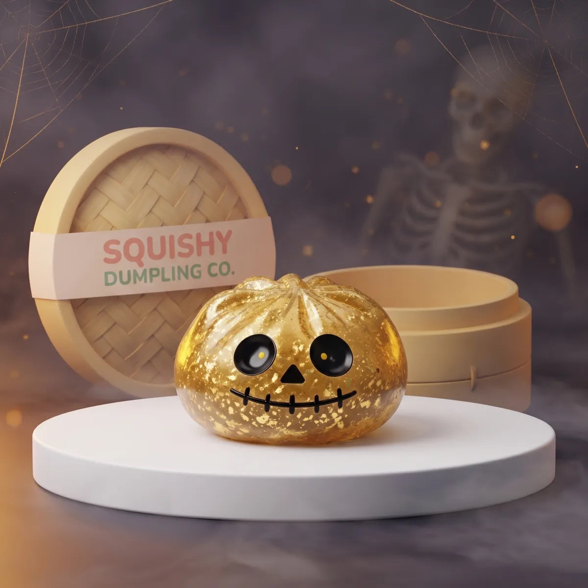 Gold glitter zombie Halloween dumpling squishy with a stitched skull grin on a white podium Main image