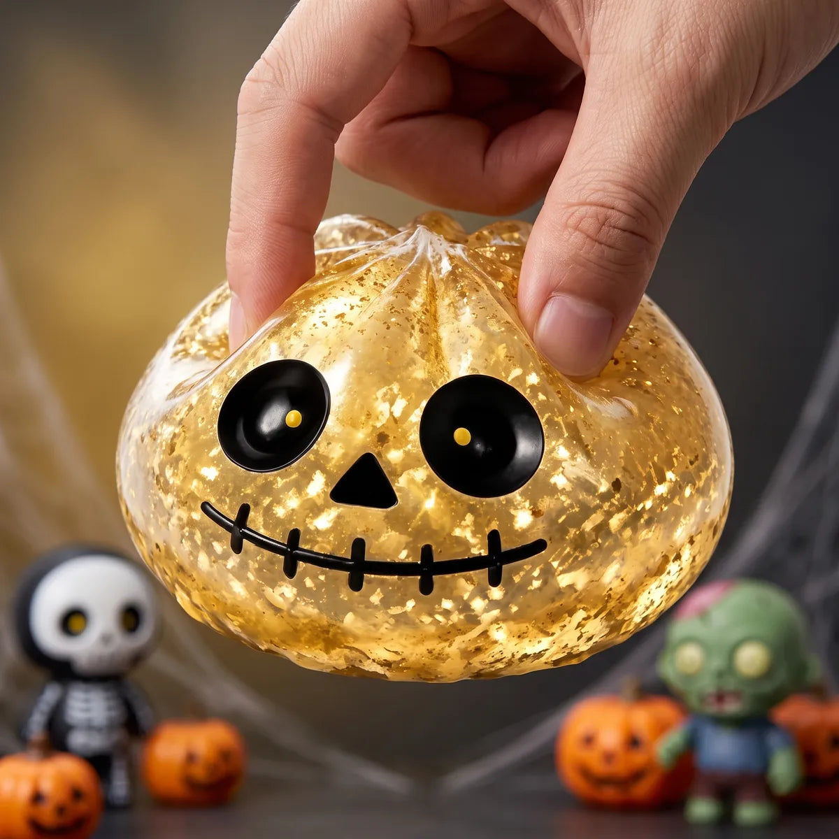 Close up squeeze showing the gold flake glitter inside the zombie Halloween dumpling squishy