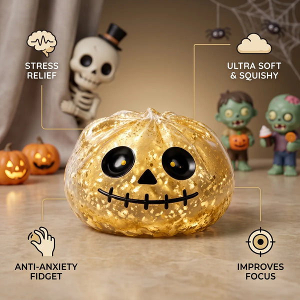 Zombie Halloween dumpling squishy with stress relief focus and anti anxiety fidget benefit icons
